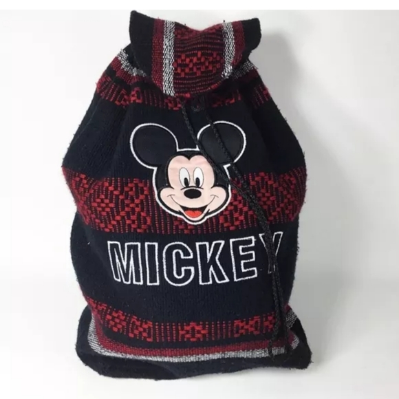 Mickey Mouse Woven Backpack Black Red w/Mickey Hea